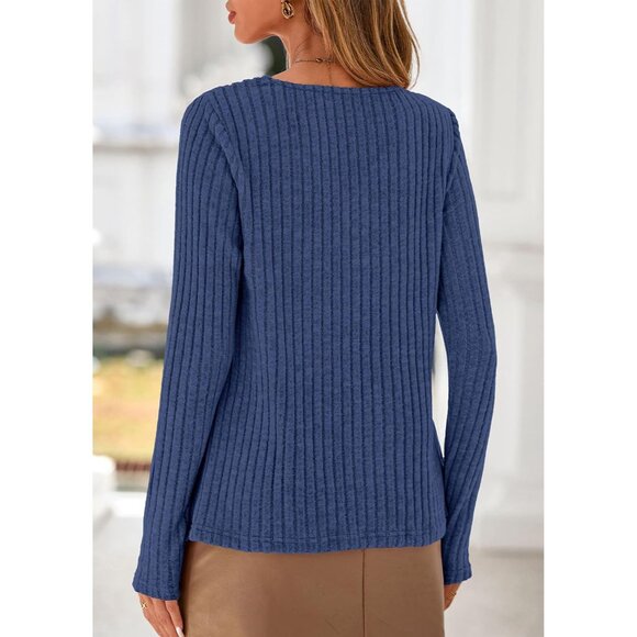 Women's Long Sleeve Ribbed V Neck Tunic Top Lightweight Fall Casual Blouse - Picture 5 of 8